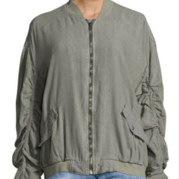 Linen Blend Bomber Jacket – Ruched Sleeves Back Lightweight Neutral  Large - Picture 1 of 14